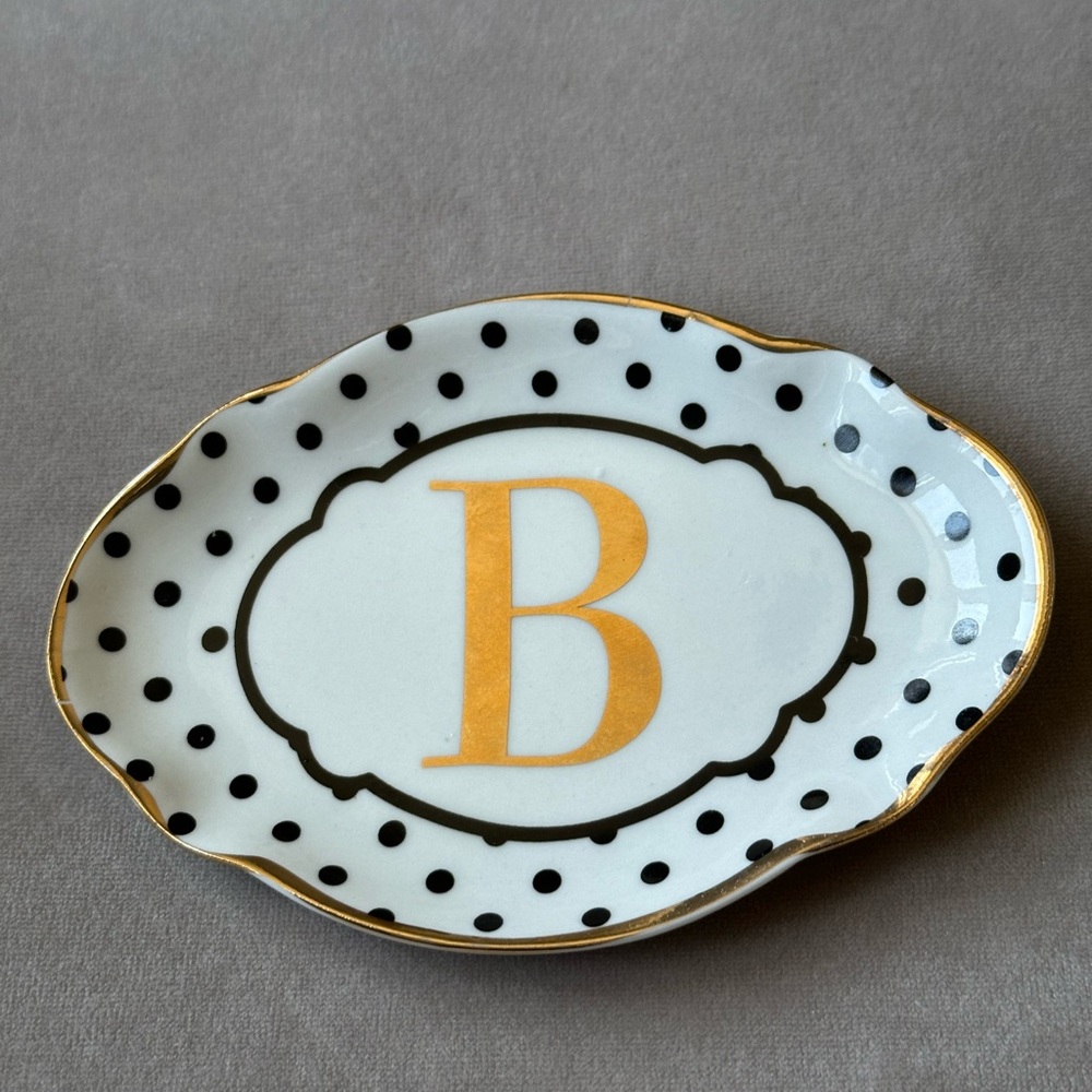 Porcelain Trinket Dish Black White Gold Initial B
